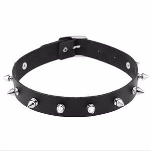 Spiked Choker Punk Faux Leather Necklace Spike Dog Collar Black Silver Rivet Screw on Studs Heavy Metal Rock Jewellery Emo Costume Halloween