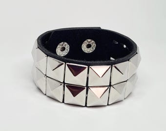 Faux Leather Studded Wristband Stud Strap Spiked Cuff Punk Rock 2 Row Pyramid Black Silver Rivet Screw on Studs Heavy Metal Rock Jewelry