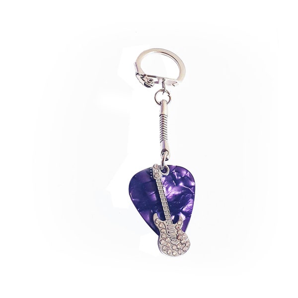 Guitar Pick Plectrum Keyring Key Ring Snake Chain Fob Strass Guitare Charme Silver Gems Classic Rock Hippie Bag