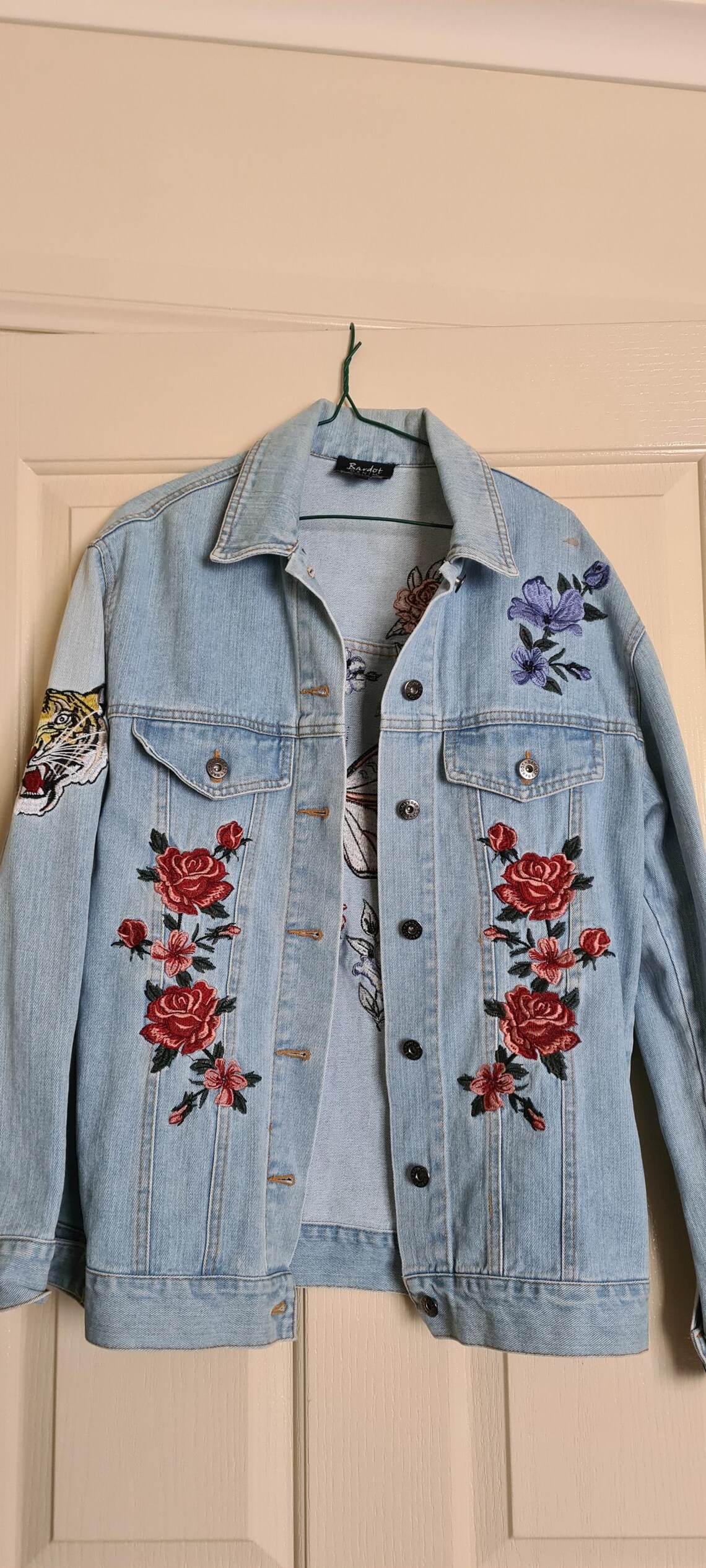 Jacket With Roses Bardot Denim Jacket Embroidered With Rose Patches Butterfly and Tiger ...