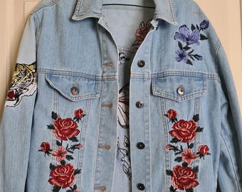 Bardot Denim Jacket Embroidered with Rose patches Butterfly and Tiger patch
