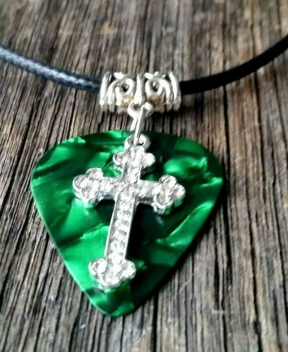 Guitar Pick Plectrum Rhinestone Green Goth Crucifix Cross Ozzy