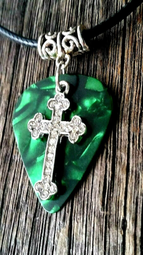Guitar Pick Plectrum Rhinestone Green Goth Crucifix Cross Ozzy
