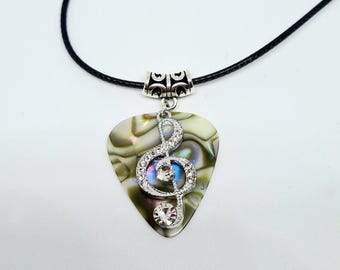 Abalone Guitar Pick Necklace Music Note Charm Rhinestone Bling y2k Goth Plectrum Rock Silver Necklace Punk Rock Beach Shell Surfer Ocean