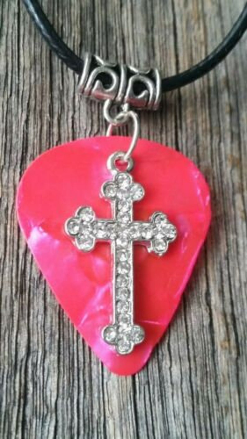 Guitar Pick Plectrum Rhinestone Pink Goth Crucifix Cross Ozzy Osbourne Necklace Jewellery Black Sabbath Cross 80s Heavy Metal Costume