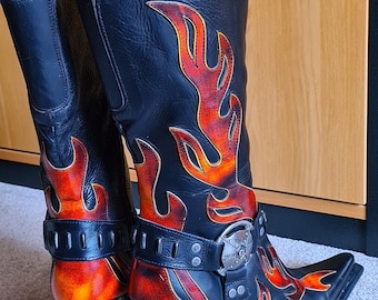 New Rock Boots Leather Cowboy Western Flames Fire Steel New Rock Boots Leather Cowboy Western Flames Fire Steel
