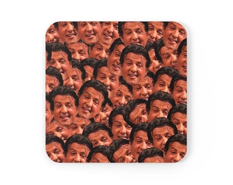Swarm of Stallones Corkwood Coaster Set Rambo Sylvester Stallone Heads Rocky Balboa Yo Adrian Movie Boxing Novelty Joke Gag Gift