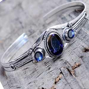Blue Faceted Tanzanite Bracelet: Sterling Silver Cuff Bangle, December Birthstone