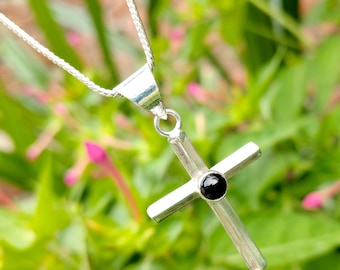 Black Onyx Cross Pendant: 925 Sterling Silver Chain, Handmade Religious Jewelry
