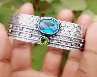 Swiss Blue Topaz & Green Peridot Multi Gemstone Cuff Bracelet, 925 Sterling Silver Handmade Bangle, December Birthstone, Anniversary Gift