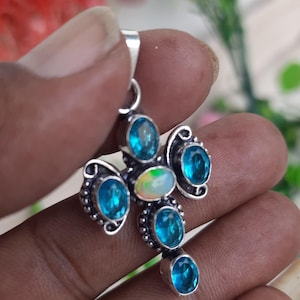 Blue Topaz & Ethiopian Opal Cross Pendant: Sterling Silver Gemstone Jewelry