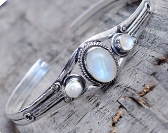 Rainbow Moonstone Bangle: Handmade 925 Sterling Silver Cuff Bracelet