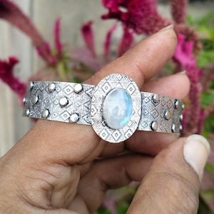 Handmade Moonstone Cuff Bracelet: 925 Sterling Silver Bangle