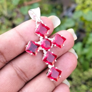 Faceted Red Garnet Cross Pendant: Sterling Silver Handmade Necklace