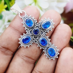 Blue Tanzanite Cross Pendant, 925 Sterling Silver Necklace, Handmade Religious Jewelry,  Gift For Her, December Birthstone Faith Jewelry