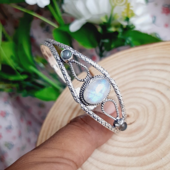 Bracelet Manchette Argent 925 - Pierre De Lune Et Labradorite - Fait Main - Vintage