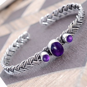 Amethyst Bracelet. Natural Amethyst Stone 925 Sterling Silver Cuff Bangle bracelet Adjustable Size, February Birthstone-Free Shipping