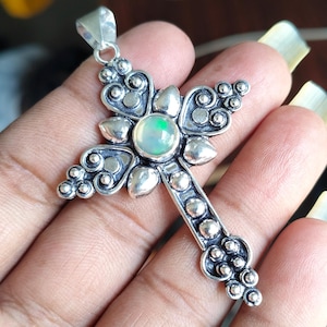 Ethiopian Opal Cross Pendant: Sterling Silver Handmade Jewelry