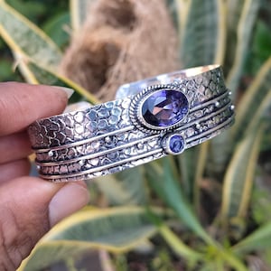 Faceted Amethyst Gemstone Cuff Bangle, 925 Sterling Silver Cuff Bracelet, Handmade February Birthstone Gifted Artisan Bracelet Jewelry