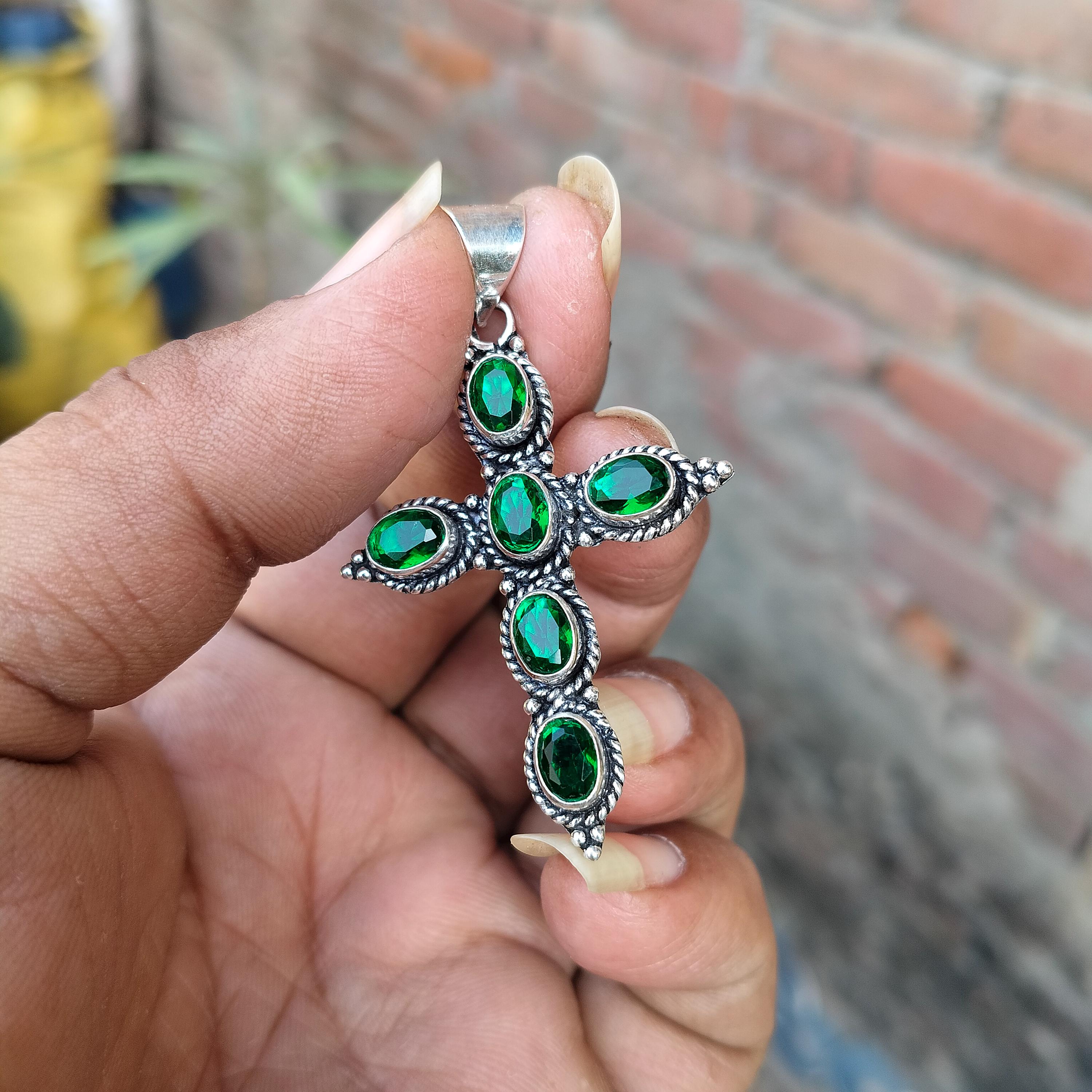 Croix Pendentif En Argent Sterling 925 Avec Diopside Chromé Et Améthyste - Bijou Fait Main