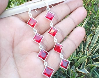 Pendientes colgantes de granate rojo facetado, plata de ley 925, joyería hecha a mano, ideal para regalar.