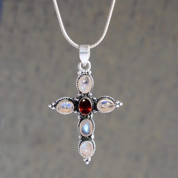 Moonstone Garnet Cut Gemstone Necklace-Cross Necklace,  Cross Silver Jewelry Necklace-Christmas Gift for anyone.