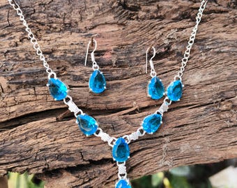 Parure Blue Topaz – Collier, Boucles, Bracelet – Neuf Sous Emballage