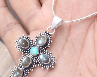Labradorite Ethiopian Opal Cross Pendant: Sterling Silver Gemstone Gifted Necks
