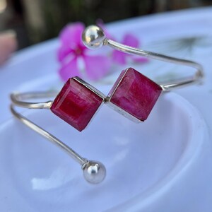Faceted Ruby 925 Sterling Silver Bangle: Handmade July Birthstone Open Cuff Bracelet