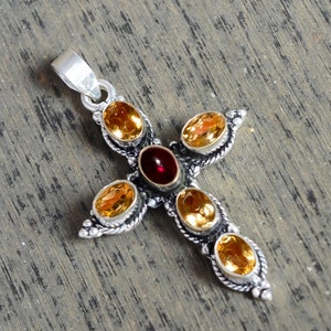 Faceted Yellow Citrine, Red Garnet Gemstone Handmade 925 Sterling Silver Cross/ Designer Pendant Jewelry, Thanksgiving Gift, Length 2''