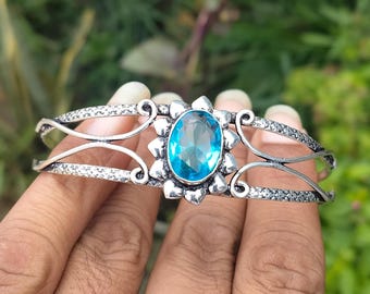 Handmade Swiss Blue Topaz Bangle: Sterling Silver December Birthstone Cuff Bracelet