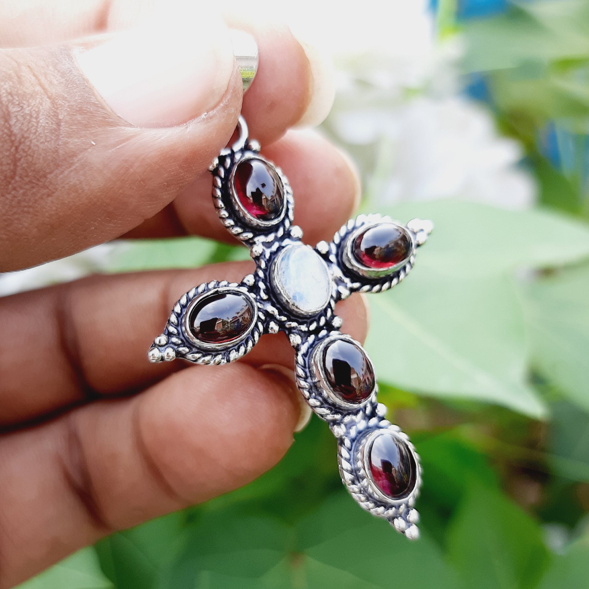 Collier En Argent Sterling 925 Avec Croix - Grenat Rouge Et Pierre De Lune - Fait Main En Inde