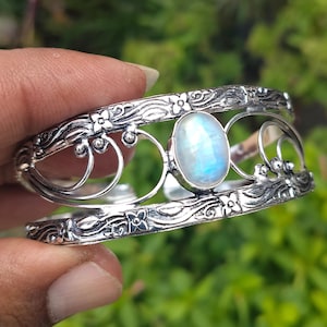Rainbow Moonstone Sterling Silver Bangle: Handmade Festival Cuff