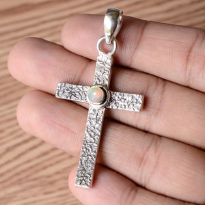 Ethiopian Opal Cross Pendant: Sterling Silver Fire Opal Jewelry