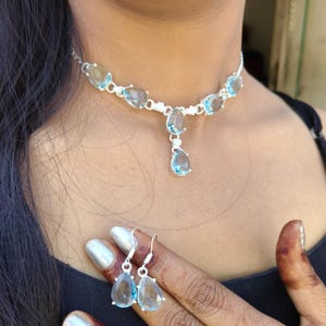London Blue Topaz Necklace Earring Set, 925 Sterling Silver Jewelry, Women&#39;s Christmas Gifted Jewelry, Handmade Gift, Blue Topaz Jewelry Set
