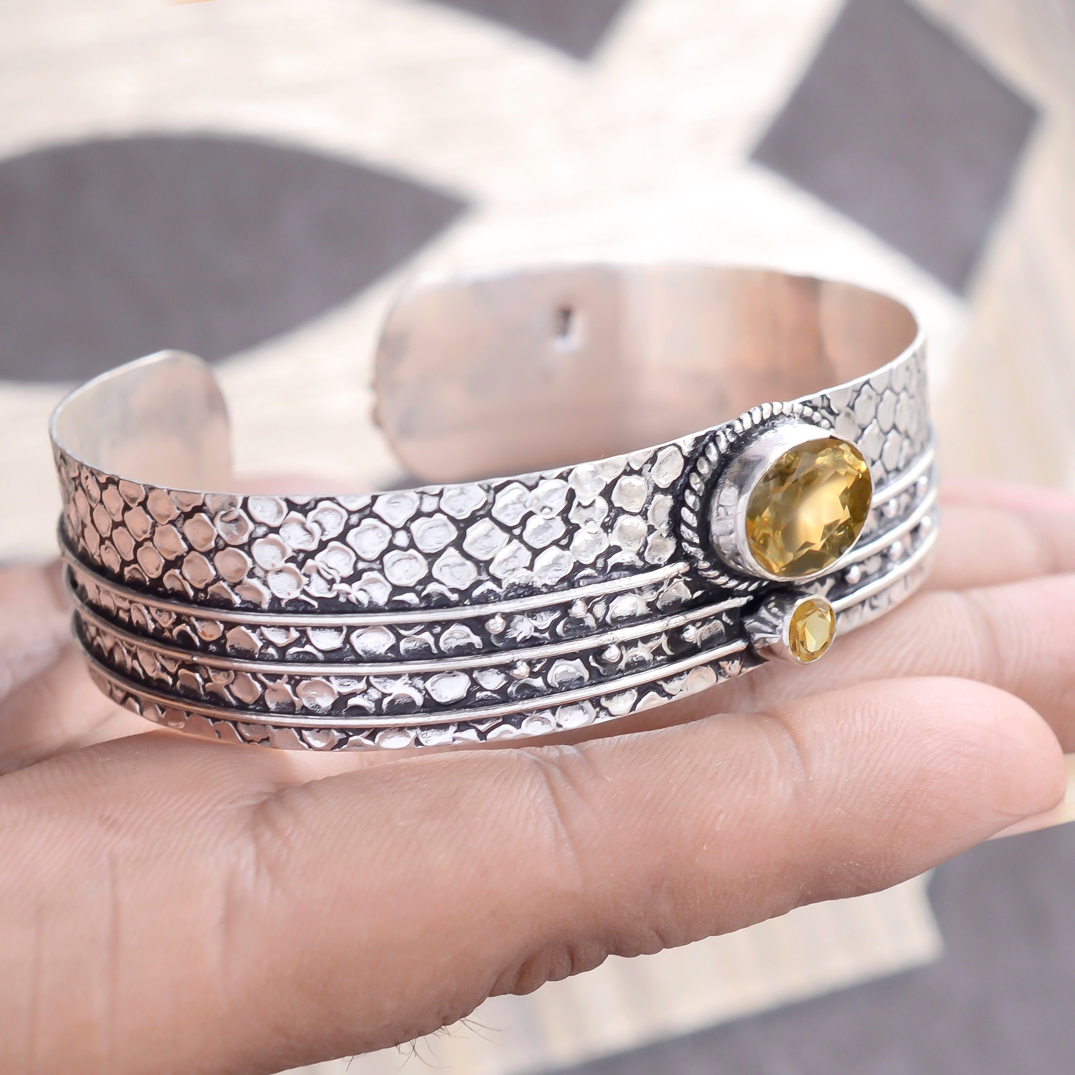 Bracelet Manchette Argent Sterling 925 - Topaze Citrine Et Pierre De Lune - Fait Main Réglable