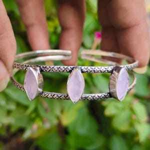 Pink Rose Quartz Bangle, 925 Sterling Silver Cuff, Handmade Bracelet, Rose Quartz Jewelry, Gift for Her, Rose Quartz Gift, Women&#39;s Bracelet