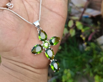 Faceted Green Peridot Cross: Handmade Sterling Silver Pendant, Christian Gift