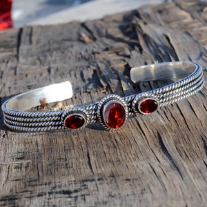 Handmade Garnet Sterling Silver Cuff Bracelet: Adjustable Gemstone Bangle