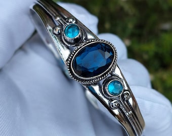 Handmade Tanzanite Blue Topaz Cuff: Sterling Silver Bangle