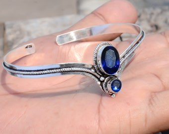 Faceted Tanzanite Gemstone Bracelet: Handmade 925 Sterling Silver Cuff