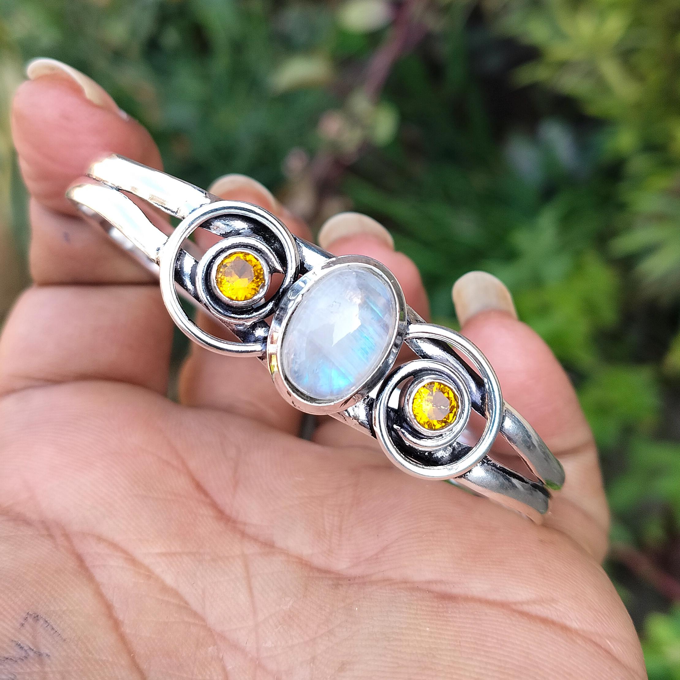 Bracelet Manchette En Argent Sterling 925 Avec Topaze Citrine Et Pierre De Lune Bleue - Réglable, Fait Main