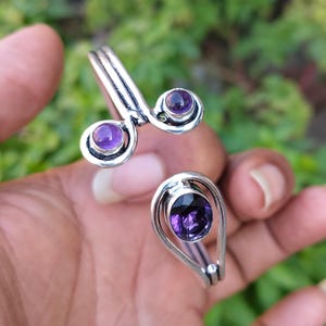 Amethyst Bracelet. Natural Amethyst Stone 925 Sterling Silver Cuff Bangle bracelet, February Birthstone-Free Shipping, Adjustable Size Cuff