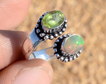 Rainbow Opal Peridot Ring: Handmade 925 Sterling Silver Gemstone Ring