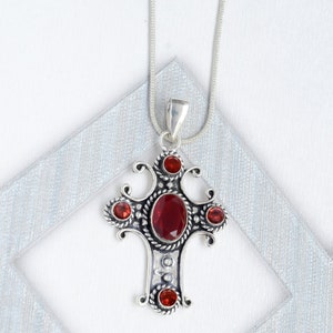 Faceted Garnet Cut Gemstone Cross Pendant, 925 Sterling Silver Cross Jewelry, Charm Pendant, Gift For Her, Birthday Gift Handmade Cross