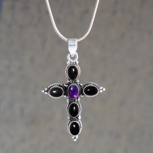 Oval Black Onyx, Purple Amethyst Gemstone Jewelry Cross Pendant, Boho Pendant, Handcrafted Silver Pendant, 925 Sterling Silver Jewelry