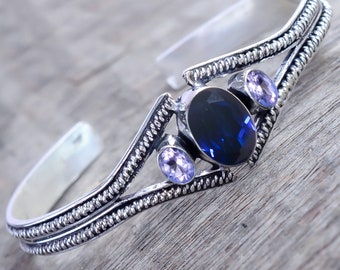 Faceted Tanzanite Amethyst Cuff, Handmade 925 Sterling Silver Bracelet