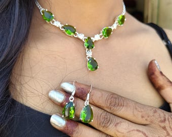 Handmade Faceted Peridot Earring Necklace Set: Sterling Silver Green Gemstone