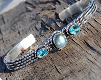 Blue Fire Labradorite & London Blue Topaz Gemstone Bracelet, 925 Sterling Silver Cuff Handmade Jewelry Bangle, Adjustable Festival Jewelry