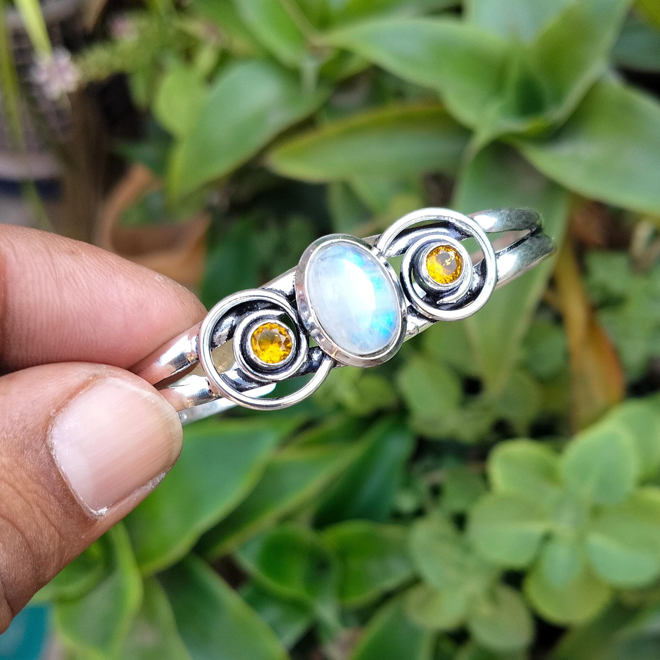 Bracelet Manchette Argent Sterling 925 - Topaze Citrine Et Pierre De Lune - Fait Main Réglable